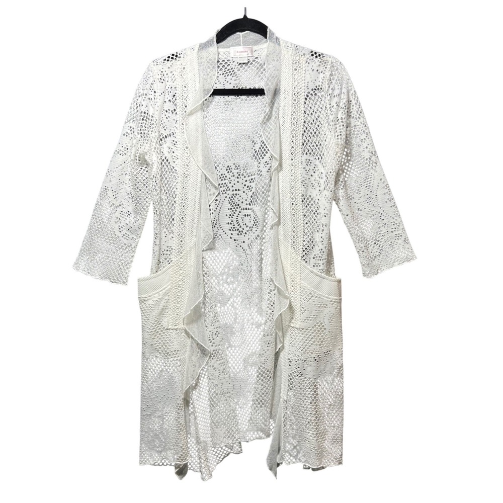 Kamana White Crochet Lace Ruffle Front Cardigan Open Knit Boho Duster S Pockets